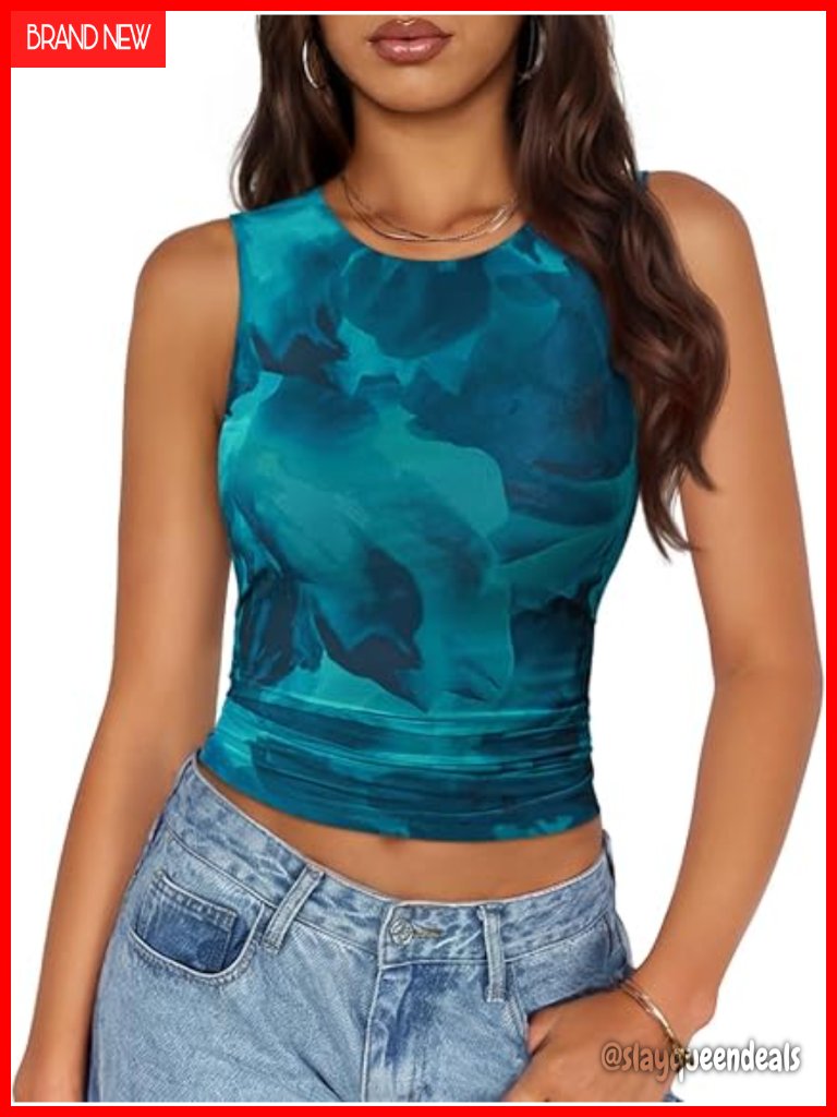 Sleeveless Floral Tank Top Crop Y2k Going Out Mesh Top
